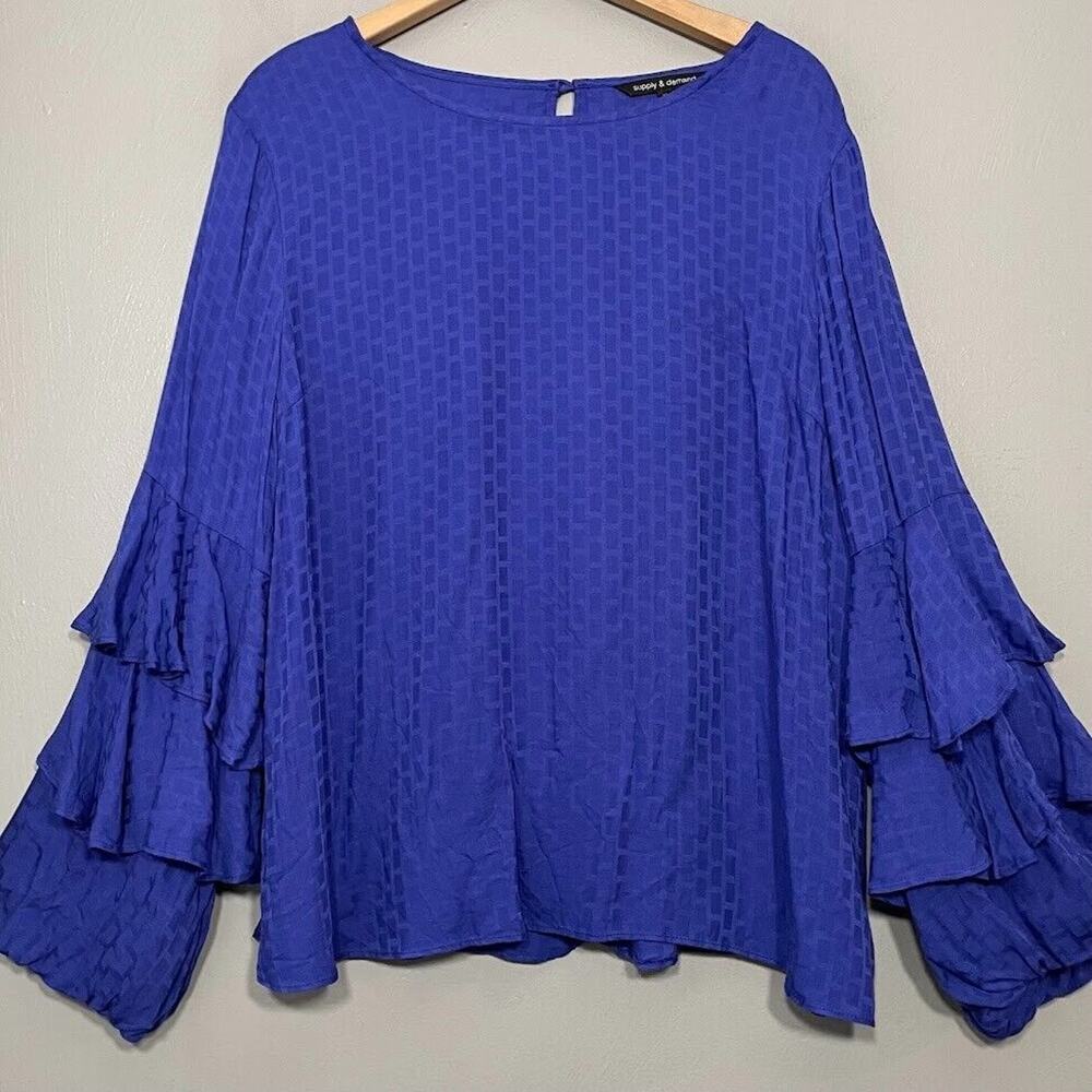 Supply & Demand Size XL Popover Royal Blue Ruffled Blouse Peasant Top Romantic